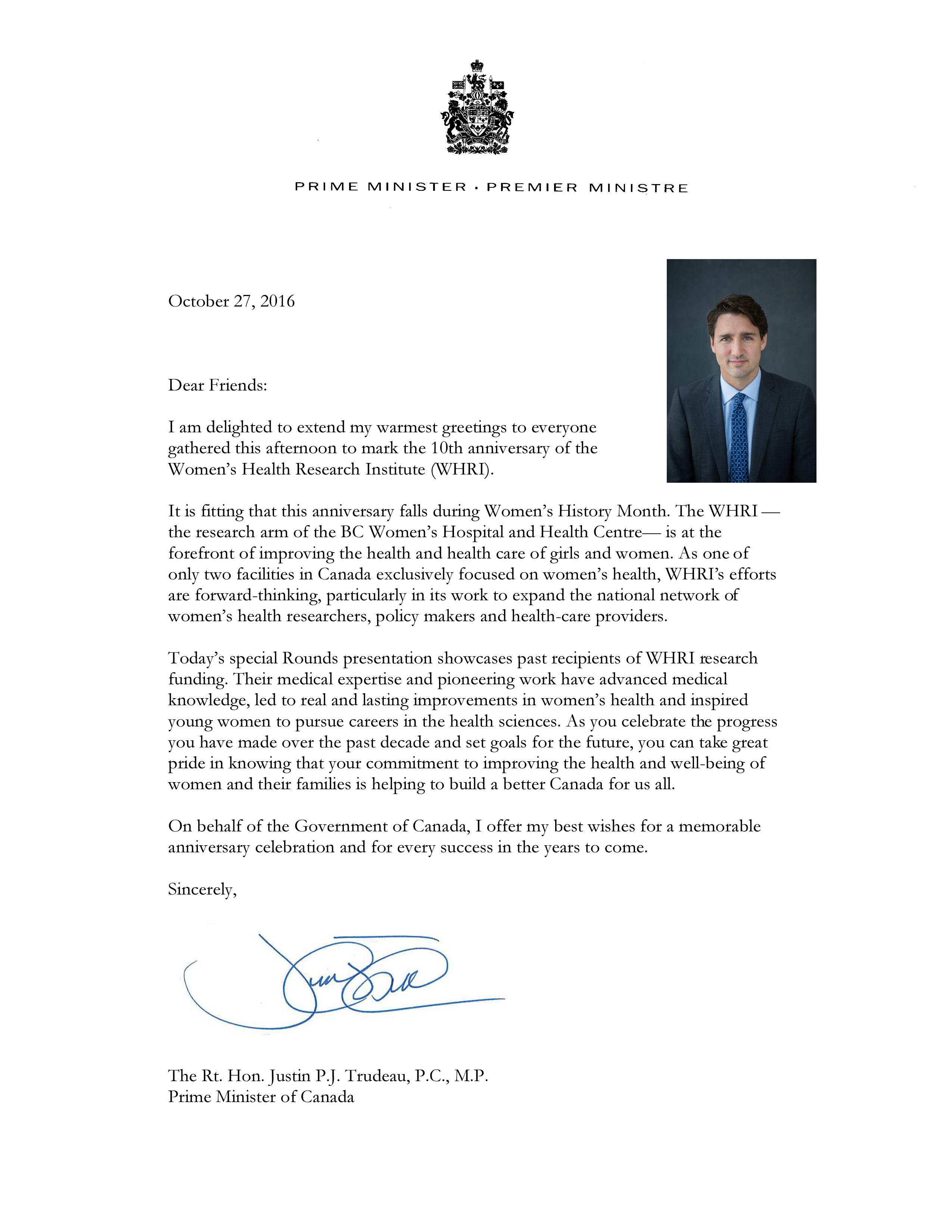 Letter From Prime Minister Trudeau Women s Health Research Institute