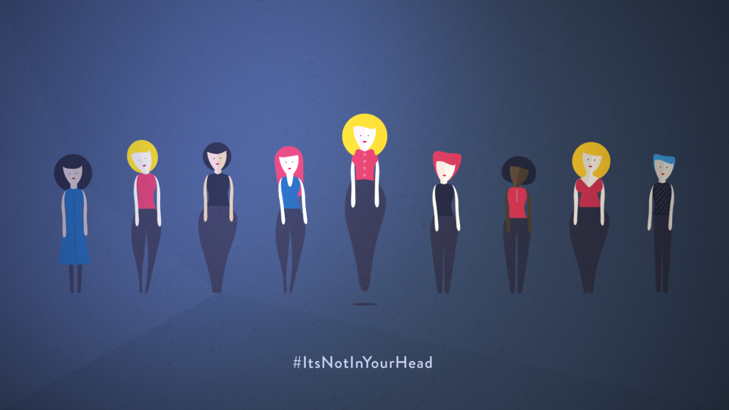 Cartoon drawings of diverse women on a dark blue background with the caption #ItsNotInYourHead underneath