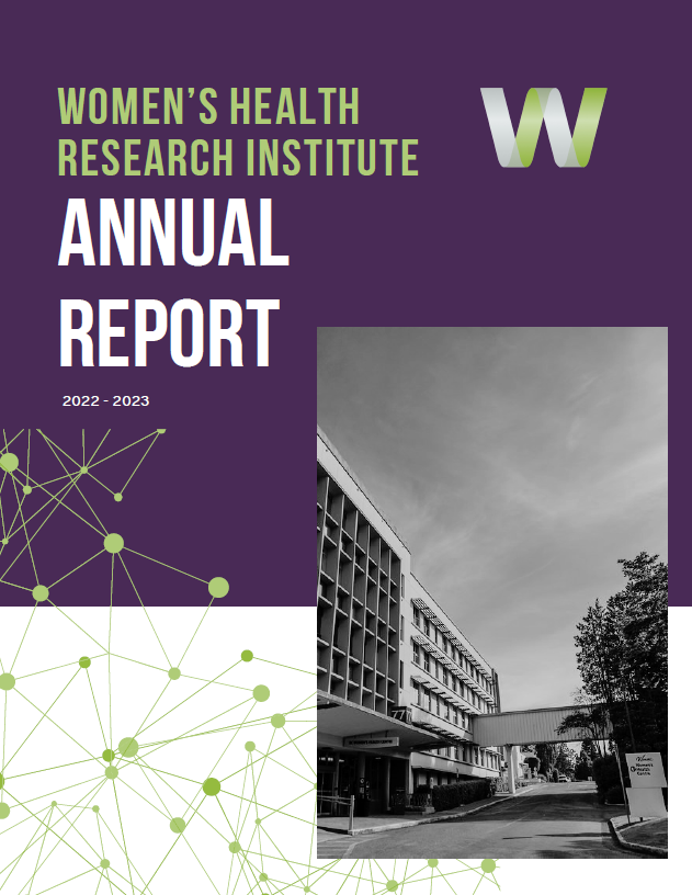Cover page of the WHRI Annual report with a black and white photo of the Shaughnessy Building.