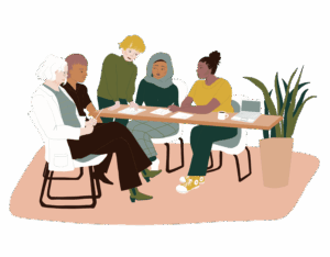 An illustration of several people sitting around a table