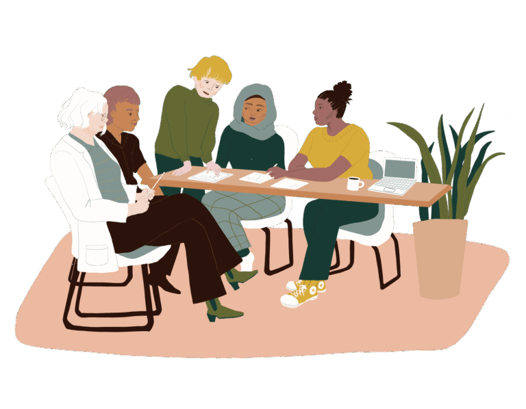 An illustration of several people sitting around a table