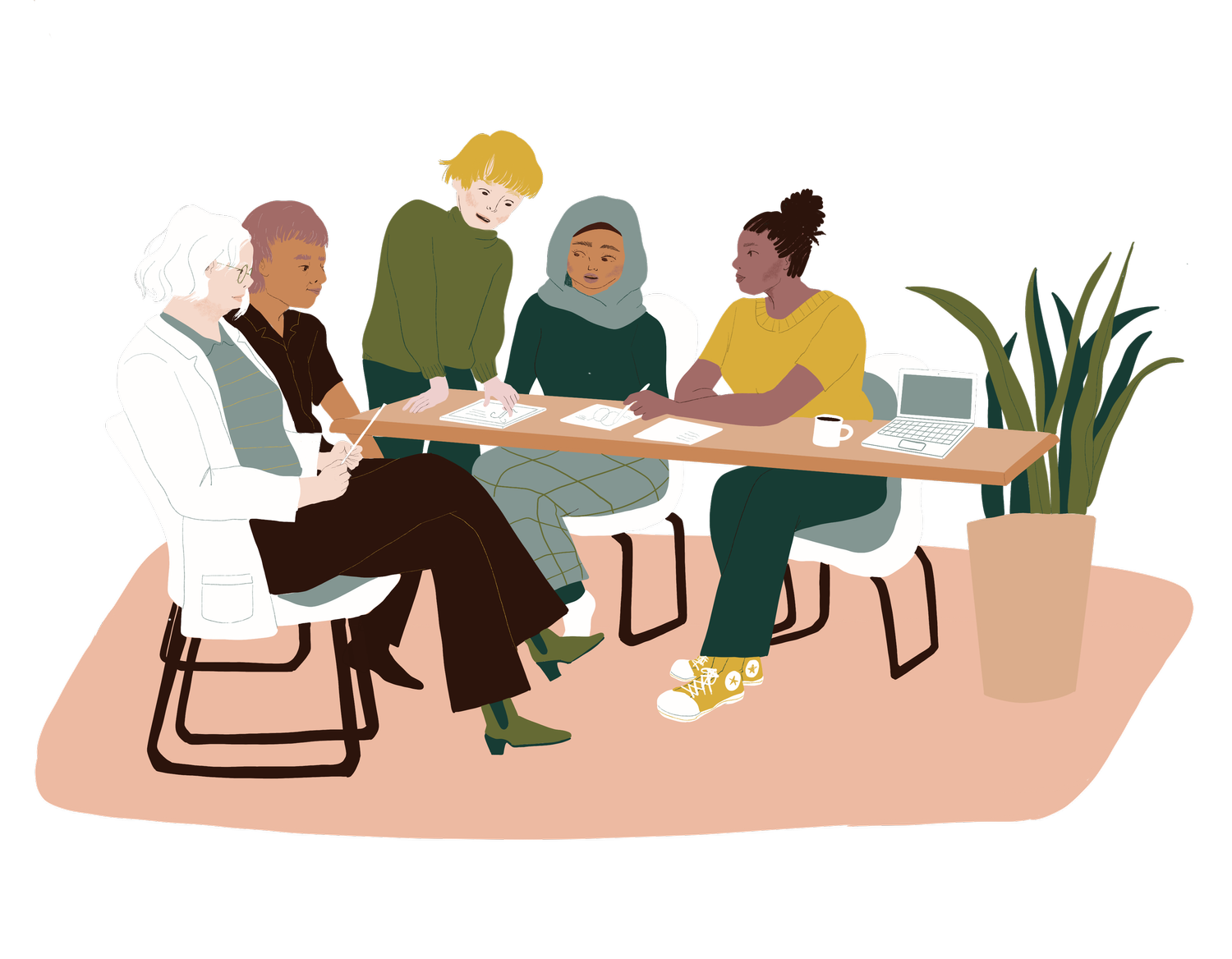 An illustration of several people sitting around a table